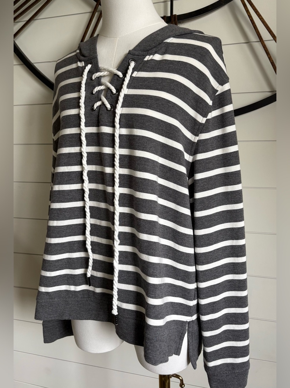 CAbi Nautical Inspired Gray & White Striped Hoodie - Soft French Terry Knit (L) - Picture 7 of 14